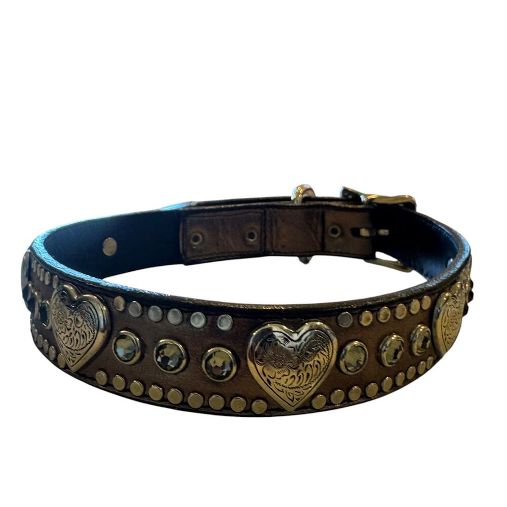 Vintage Woof Wear 1997 Leather Dog Collar Studded Hearts Rhinestones 18”